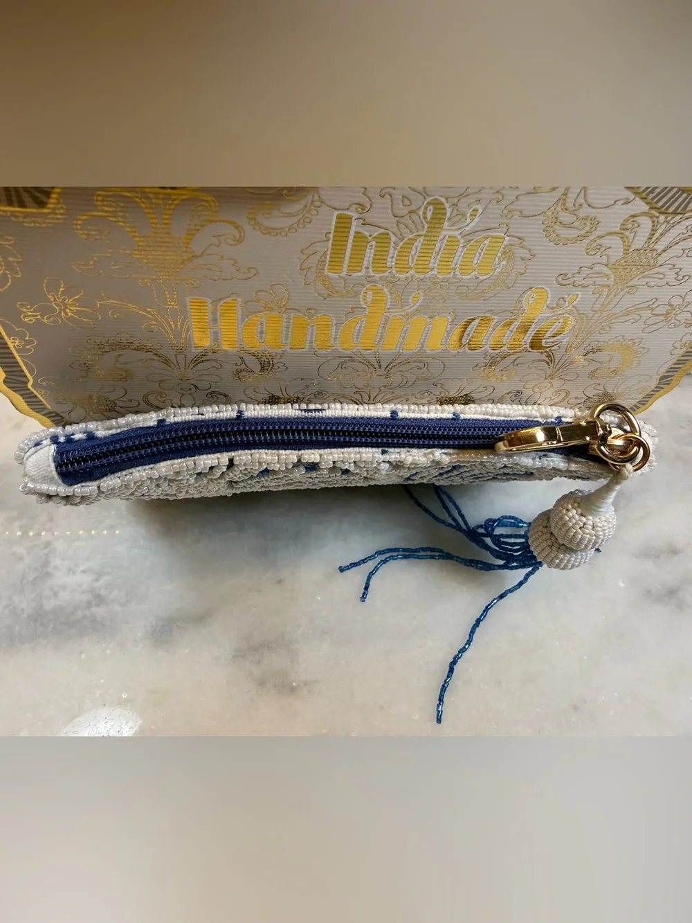 Made in India Beaded Shell Blue,White Tassel Zipper Clutch Summer Wallet NWT
